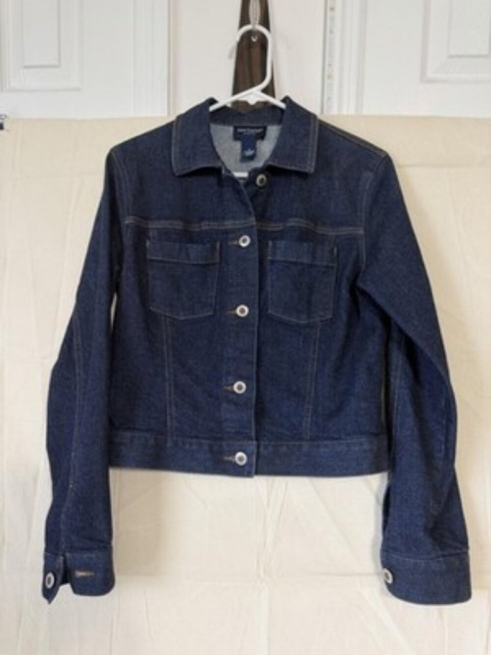 Ann Taylor Womens S Blue Denim Stretch Jean Jacket Dark Wash Button Front S